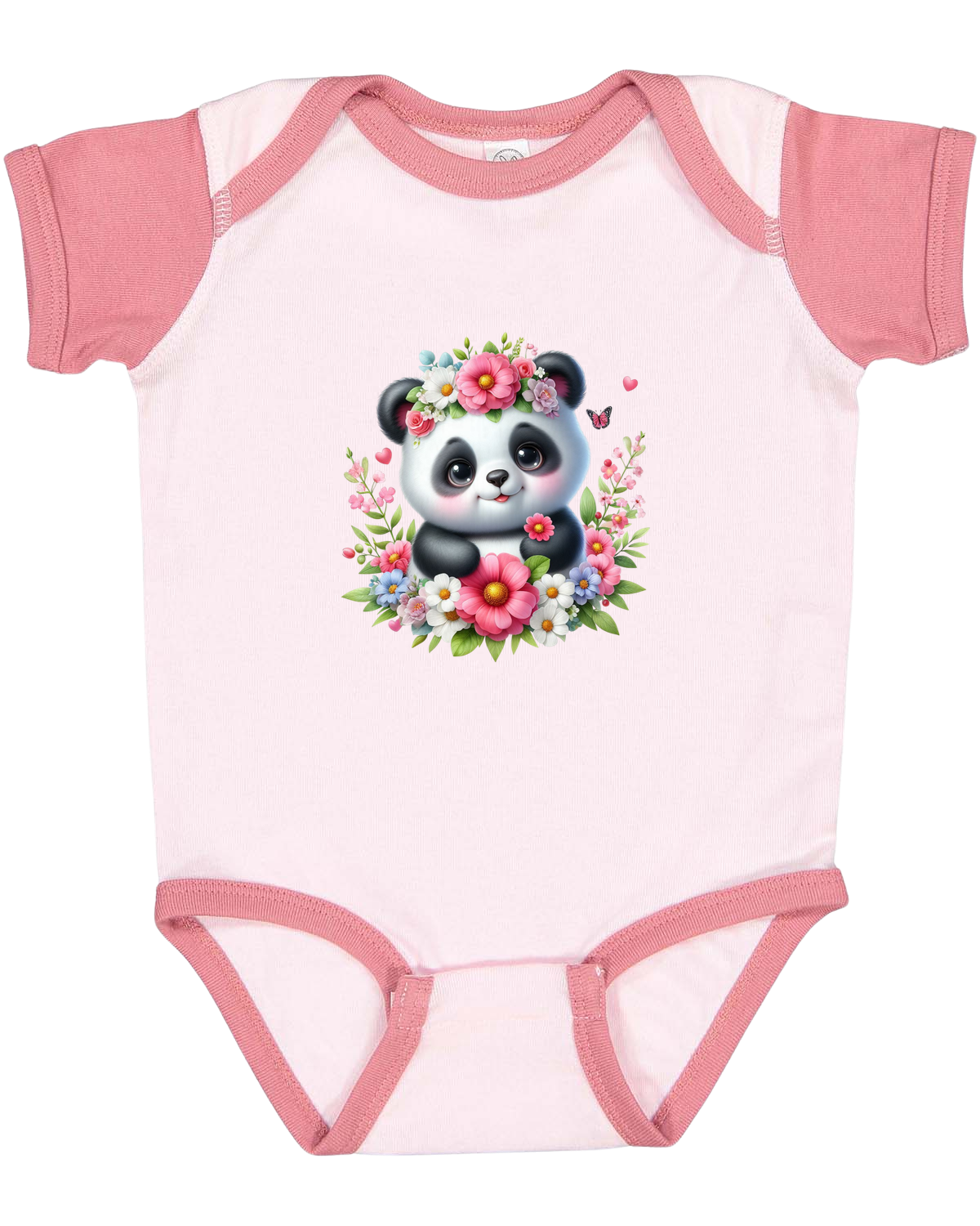 Infant Panda Pink Flower Baby Rib Bodysuit