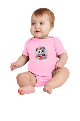 Infant Panda Pink Flower Baby Rib Bodysuit