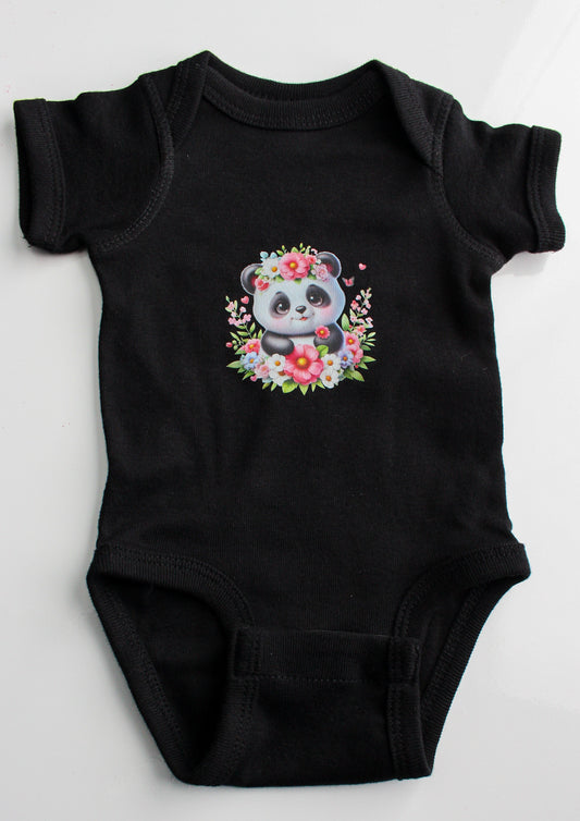 Infant Panda Pink Flower Baby Rib Bodysuit