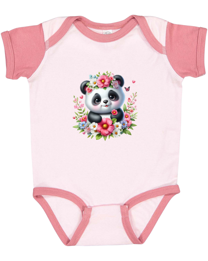Infant Panda Pink Flower Baby Rib Bodysuit