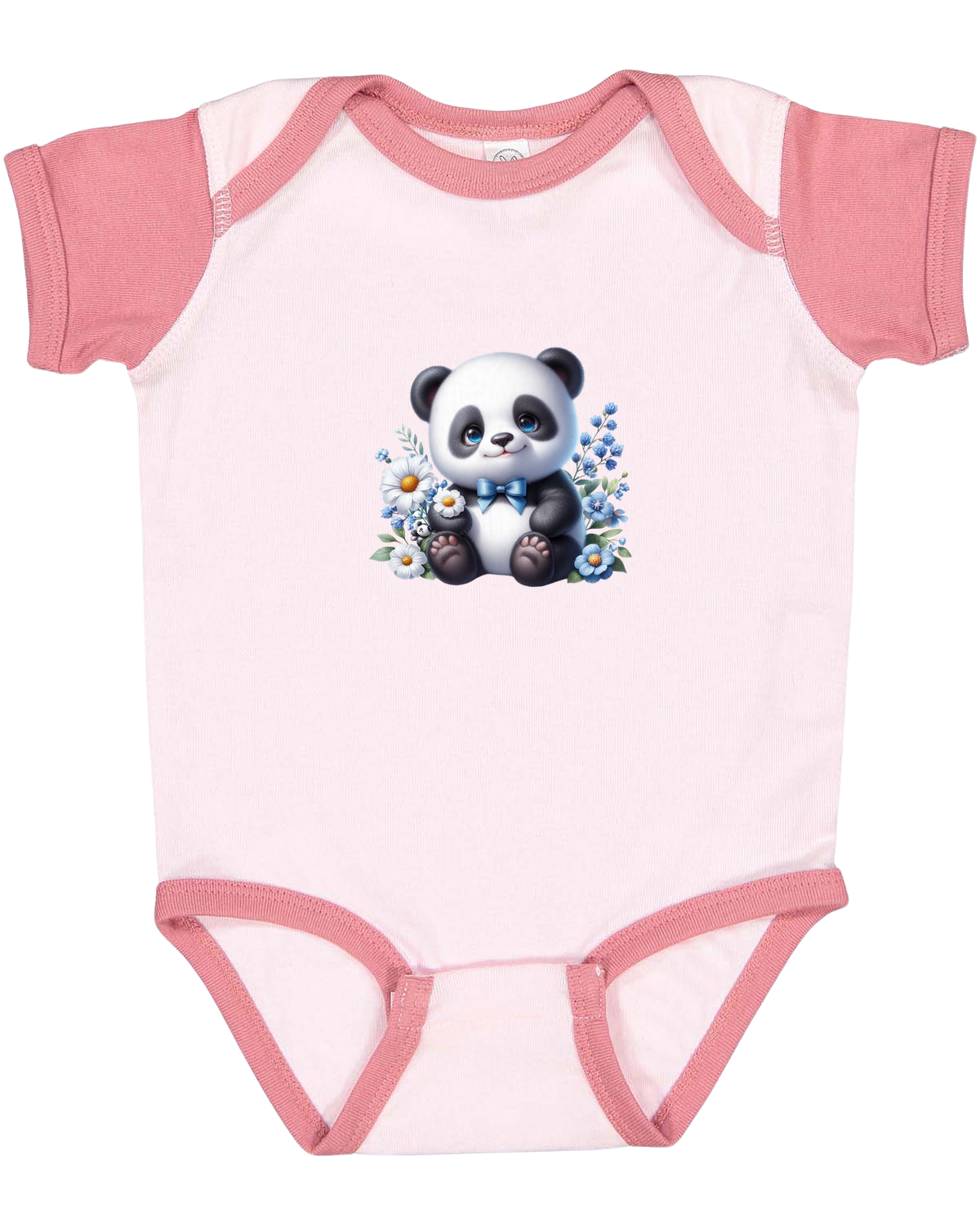Infant Panda Blue Flower Baby Rib Bodysuit
