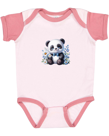 Infant Panda Blue Flower Baby Rib Bodysuit